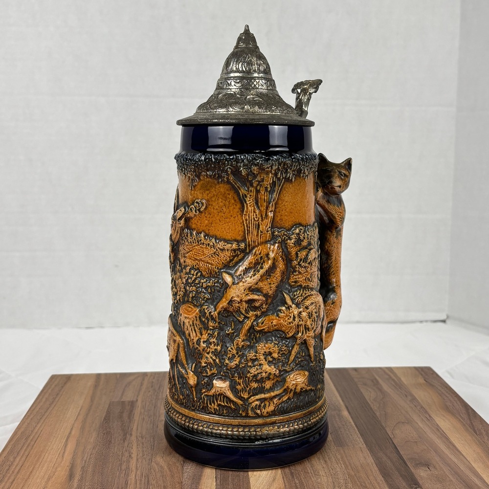 Gerz West Germany Fox Handle Beer Stein Hunting Scene Pewter Lid 32oz Vintage - Picture 3 of 16